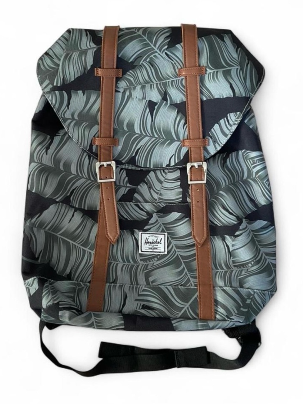 HERSCHEL Retreat Backpack in Palm Leaf Print w. Brown Leather Straps